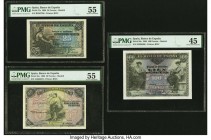 Spain Banco de Espana 25; 50; 100 Pesetas 1906 Pick 57a; 58a; 59a Three Examples PMG Choice Extremely Fine 45; About Uncirculated 55 (2). A stunning t...