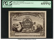 Spain Banco de Espana 500 Pesetas 1.1.1907 Pick Unlisted Face Photographic Proof PCGS Currency Gem New 65PPQ. Bradbury, Wilkinson & Company prepared t...