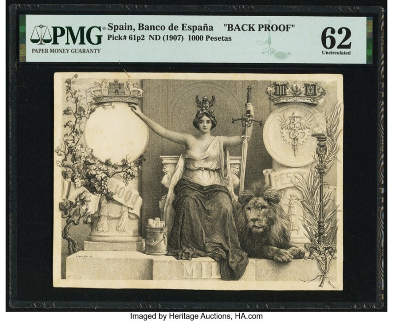 Spain Banco de Espana 1000 Pesetas ND (1907) Back Proof Pick 61p2 PMG Uncirculat...