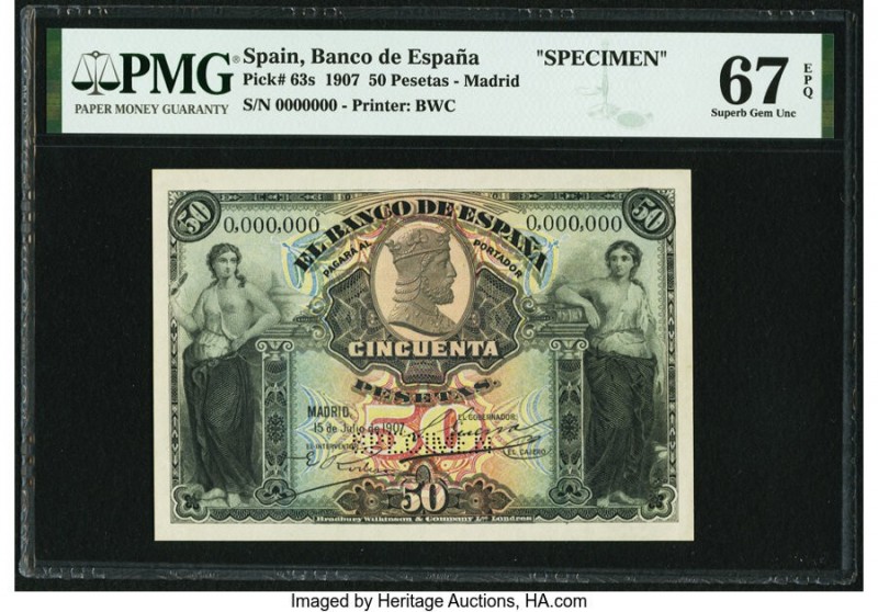 Spain Banco de Espana 50 Pesetas 15.7.1907 Pick 63s Specimen PMG Superb Gem Unc ...