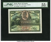 Spain Banco de Espana 100 Pesetas 15.7.1907 Pick 64a PMG About Uncirculated 55 EPQ. Complete originality with only brief circulation is seen on this p...