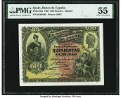 Spain Banco de Espana 500 Pesetas 15.7.1907 Pick 65a PMG About Uncirculated 55. This large format, tall, high denomination note is rare in such a loft...