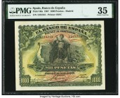 Spain Banco de Espana 1000 Pesetas 15.7.1907 Pick 66a PMG Choice Very Fine 35. Simply beautiful designs adorn both sides of this large banknote, which...
