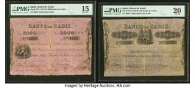 Spain Banco de Cadiz 2000; 500 Reales de Vellon 26.2.1856; 15.2.1856 Picks S275; S283 PMG Choice Fine 15; Very Fine 20. Two Cadiz issues are offered i...
