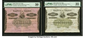 Spain Banco de Cadiz 2000; 4000 Reales de Vellon ND (1847) Pick S295; S296 PMG Very Fine 30; Choice Very Fine 35. Two handsome, large format watermark...