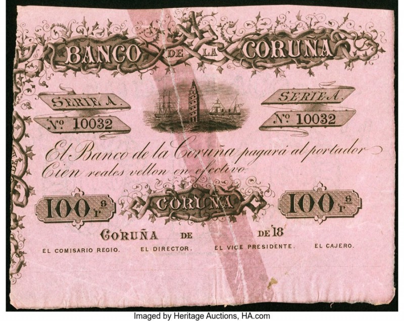 Spain Banco de la Coruna 100 Reales de Vellon 18xx (ND 1857) Pick S301 Very Fine...