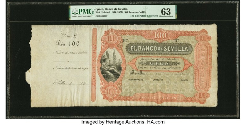 Spain Banco de Sevilla 100 Reales de Vellon 18xx (ND ca. 1857) Pick Unlisted Rem...