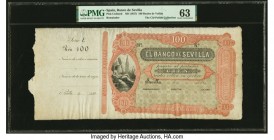 Spain Banco de Sevilla 100 Reales de Vellon 18xx (ND ca. 1857) Pick Unlisted Remainder PMG Choice Uncirculated 63. Pleasing designs and color schemes ...