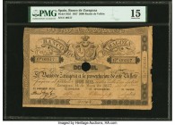Spain Banco De Zaragoza 2000 Reales de Vellon 14.5.1857 Pick S455 PMG Choice Fine 15. This handsome, large format type is seldom seen in any grade, at...