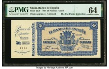 Spain Banco de Espana 50 Pesetas 1937 Pick S579 PMG Choice Uncirculated 64. A scarce example with a counterfoil, this note was never issued. Gijon was...