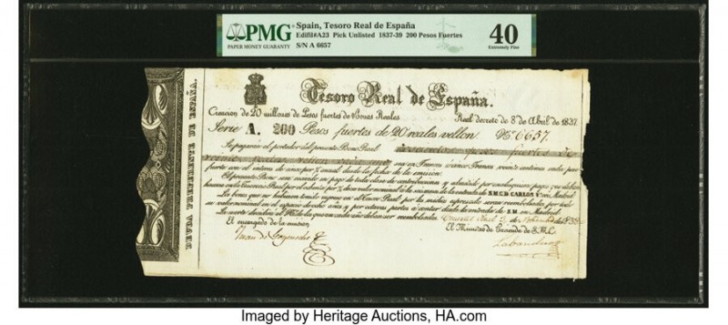 Spain Tesoro Real de Espana 200 Pesos Fuerte 3.11.1838 Pick Unlisted Edifil#A23 ...