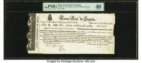Spain Tesoro Real de Espana 200 Pesos Fuerte 3.11.1838 Pick Unlisted Edifil#A23 PMG Extremely Fine 40. This interesting, large sized Treasury note is ...