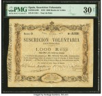 Spain Suscricion Voluntaria, Madrid 1000 Reales de Vellon 1870 Pick Unlisted Ed.#A208 PMG Very Fine 30 Net. A repaired obligation indicating a 25% ret...