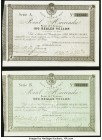 Spain Real Hacienda, Bayona100; 500 Reales de Vellon 1.11.1873 Pick UNL Ed. 210; 211 Treasury Bond Pair Uncirculated (2). Two pleasing, uniface intere...