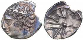 Gaul - Massalia AR Obol (circa 336-310 BC)
0.47 g. 10mm. AU/AU Bare head of Apollo to left./ M-A within wheel of four spokes.