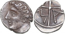 Gaul - Massalia AR Obol (circa 336-310 BC)
0.67 g. 10mm. AU/XF Bare head of Apollo to left./ M-A within wheel of four spokes.