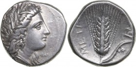 Lucania - Metapontion AR Nomos - (circa 330-290 BC)
7.80 g. AU/XF Mint luster. Wreathed head of Demeter right./ Grain ear with leaf to right. META