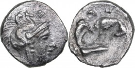 Calabria - Tarentum AR Diobol - (circa 325-280 BC)
0.66 g. 11mm. VF/VF Head of Athena right, wearing helmet decorated with Skylla./ Heracles kneeling...
