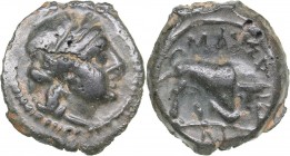 Gaul - Massalia Æ (circa 150-100 BC)
1.78 g. 15mm. F/F Laureate head of Apollo./ MAΣΣA, Bull butting.