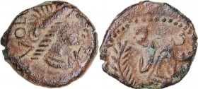 Gaul, Southern - Volcae-Arecomici Æ (circa 77-44 BC)
1.58 g. 15mm. F/F VOLCAE, diademed head of Artemis right; wreath below chin / AREC, male figure ...