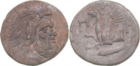 Bosporus Kingdom, Pantikapaion Æ tetrachalcon (Ca. 314-310 BC)
7.12 g. 21mm. VF+/XF- Perisad I., 345-310 BC. Bearded head of a Satyr to right. Rev. Π...