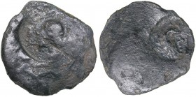 Bosporus Kingdom, Pantikapaion Æ obol (Circa 205-185 BC)
3.13 g. 21mm. F/F The satyr's head countermark. / Athena's head in a helmet.