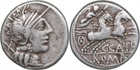 Roman Republic AR denarius - C.Porcius Cato (123 BС)
3.82 g. 18mm. VF/F Head of Roma, mark X / Victoria controls the quadriga, monogram S.SATO