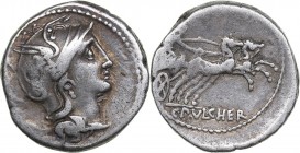 Roman Republic AR denarius - C. Claudius Pulcher (110-109 BС)
3.87 g. 18mm. VF/VF Roma's head in a winged helmet. / Victoria in the brig.
