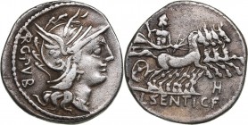 Roman Republic AR denarius - L. Sentius C.f. (101 BС)
4.34 g. 20mm. VF/F Head of Roma in a winged helmet, monogram AVG PVB / Jupiter with a scepter i...