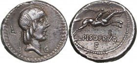 Roman Republic AR denarius - L. Calpurnius Piso Frugi (90 BС)
4.02 g. 19mm. XF/XF Mint luster. Laureate head of Apollo right; male head right below c...