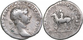 Roman Empire Denarius - Trajan (98-117 AD)
3.36 g. 19mm. VF/F IMP TRAIANO AVG GER DAC P M TR P COS VI P P, laureate bust right./ S P Q R OPTIMO PRINC...