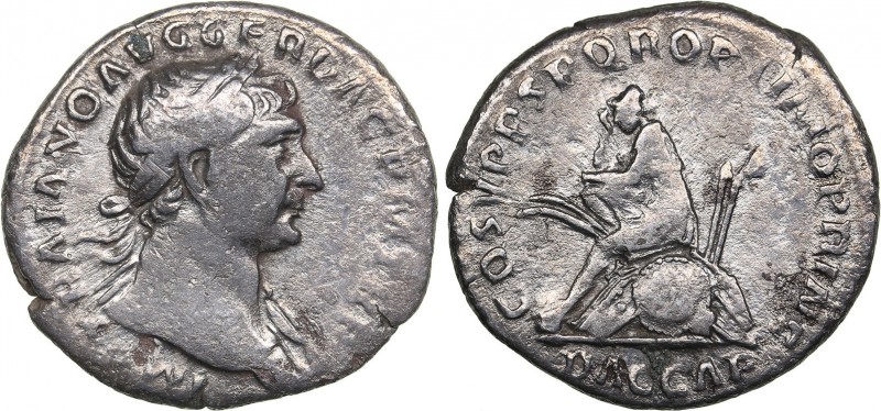 Roman Empire Denarius - Trajan (98-117 AD)
2.74 g. 19mm. VF/VF "Dacia Capta" co...