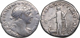 Roman Empire Denarius - Trajan (98-117 AD)
3.15 g. 17mm. VF/VF IMP TRAIANO AVG GER DAC P M TR P, laureate bust right./ COS V P P S P Q R OPTIMO PRINC...