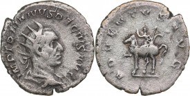 Roman Empire Antoninianus - Trajan Decius (249-251 AD)
2.87 g. 22mm. VF/F IMP TRAIANVS DECIVS AVG, Bust of Emperor to the right./ ADVENTVS AVG around...