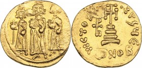 Byzantine AV solidus - Heraclius (610-641 AD)
4.44 g. 19mm. AU/XF Mint luster. Gold. Restored hole. Heraclius (in centre), Heraclius Constantine (on ...