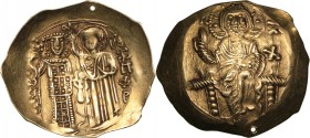 Byzantine AV Hyperpyron nomisma - John II Comnenus (1118-1143 AD)
4.23 g. 28mm. AU/AU Mint luster. Gold. Small hole. Constantinople. IC - XC. Christ ...