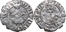 Armenia - Cilician Armenia AR Tram - Levon I (1198-1219)
1.37 g. XF/XF Levon seated facing on throne ornamented with lions, holding cross and lis. / ...