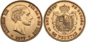 Spain 25 pesetas 1877
6.43 g. XF/XF Gold.
