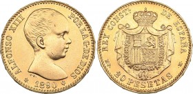 Spain 20 pesetas 1890
6.43 g. VF/XF Gold.