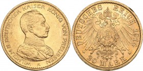 Germany - Prussia 20 mark 1914 A
7.96 g. AU/UNC Mint luster! Gold.