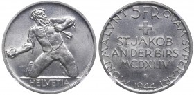 Switzerland 5 francs 1944 B NGC MS 65
500th Anniversary - Battle of St. Jakob An Der Birs. Mint luster. Ag. KM# 45