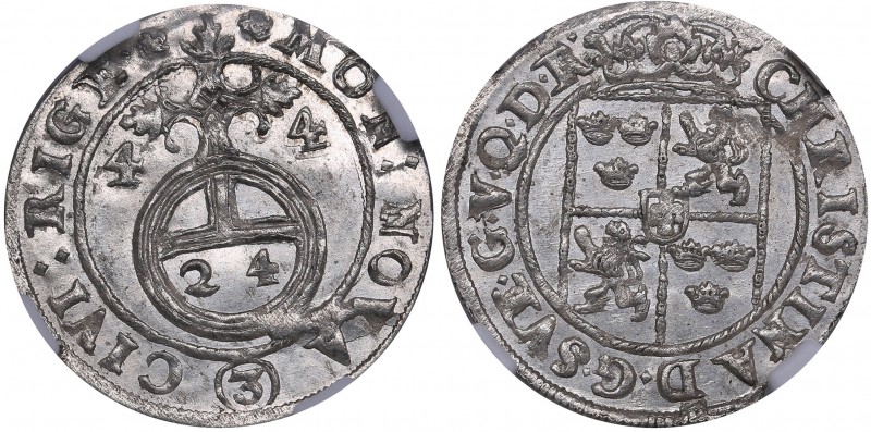 Riga 1/24 taler 1644 - Kristina (1632-1654) NGC MS 64
Mint luster. Very rare co...