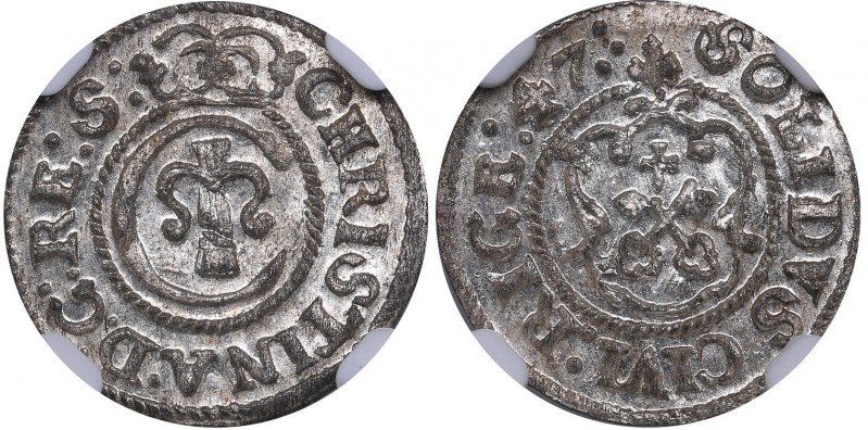 Riga Solidus 1647 - Kristina (1632-1654) NGC MS 65
Mint luster. Very rare condi...