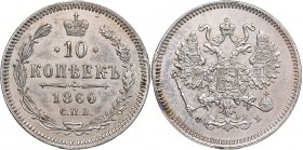 Russia 10 kopeks 1860 СПБ-ФБ - Alexander II (1854-1881)
2.00 g. XF/AU The coin has been mounted. Bitkin# 163 R. Rare!