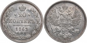 Russia 20 kopeks 1863 СПБ-АБ - Alexander II (1854-1881)
4.04 g. AU/UNC Mint luster. Rare condition. Bitkin# 176.