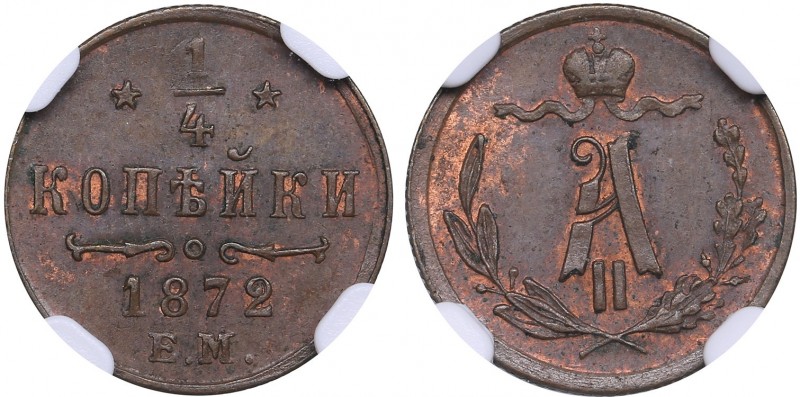 Russia 1/4 kopecks 1872 EM - Alexander II (1854-1881) NGC MS 63 BN
Mint luster....