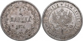 Russia - Grand Duchy of Finland 1 markka 1874 S - Alexander II (1854-1881)
5.21 g. XF/UNC Mint luster. Rare condition. Bitkin# 631.