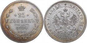 Russia 25 kopeks 1880 СПБ-НФ - Alexander II (1854-1881)
5.19 g. XF-/XF+ Mint luster! Bitkin# 158 R. Rare!