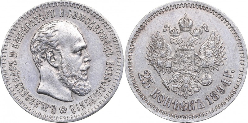 Russia 25 kopecks 1894 АГ - Alexander III (1881-1894)
4.96 g. XF/XF Bitkin# 97....
