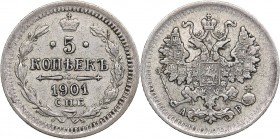 Russia 5 kopecks 1901 СПБ-АР - Nicholas II (1894-1917)
0.91 g. VF/VF Bitkin# 177 R. Rare!